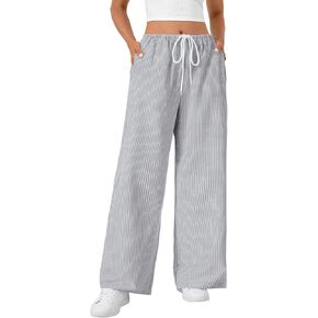 LYANER Women's Wide Leg Striped Pants Casual Drawstring Elastic Low Rise Pajama Pants Lounge Wear Trousers