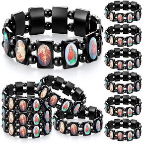 12 Pcs Christian Hematite Bracelet with Saints Catholic Orthodox Religious Elastic Bracelet with Holy Icons Prayer Gifts