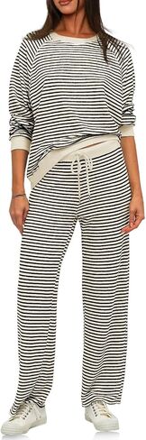 Tankaneo Womens Sweatsuits 2 Piece Sets Striped Long Sleeve Sweatshirt Wide Leg Pants Tracksuit Lounge Set in Saudi Arabia
