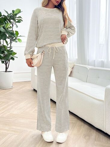 Tankaneo Womens Sweatsuits 2 Piece Sets Striped Long Sleeve Sweatshirt Wide Leg Pants Tracksuit Lounge Set in Saudi Arabia