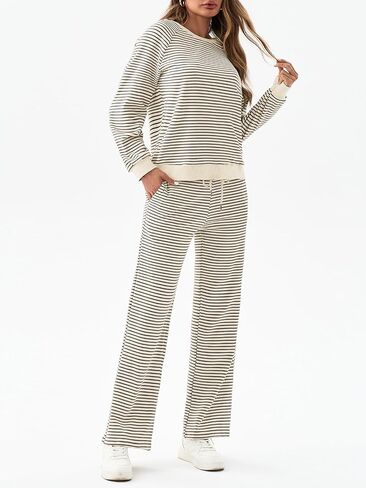 Tankaneo Womens Sweatsuits 2 Piece Sets Striped Long Sleeve Sweatshirt Wide Leg Pants Tracksuit Lounge Set in Saudi Arabia