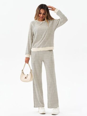 Tankaneo Womens Sweatsuits 2 Piece Sets Striped Long Sleeve Sweatshirt Wide Leg Pants Tracksuit Lounge Set in Saudi Arabia