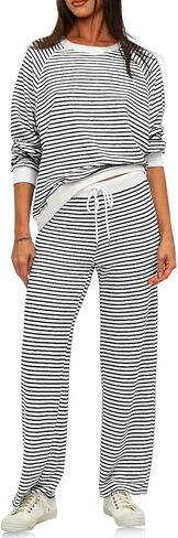 Tankaneo Womens Sweatsuits 2 Piece Sets Striped Long Sleeve Sweatshirt Wide Leg Pants Tracksuit Lounge Set in Kuwait