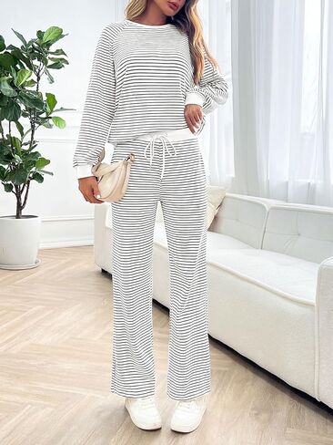 Tankaneo Womens Sweatsuits 2 Piece Sets Striped Long Sleeve Sweatshirt Wide Leg Pants Tracksuit Lounge Set in Kuwait