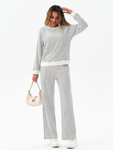 Tankaneo Womens Sweatsuits 2 Piece Sets Striped Long Sleeve Sweatshirt Wide Leg Pants Tracksuit Lounge Set in Kuwait