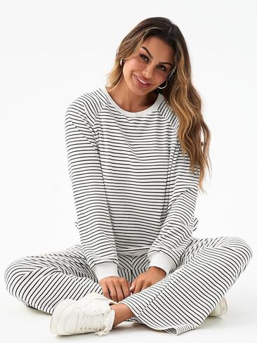 Tankaneo Womens Sweatsuits 2 Piece Sets Striped Long Sleeve Sweatshirt Wide Leg Pants Tracksuit Lounge Set in Kuwait