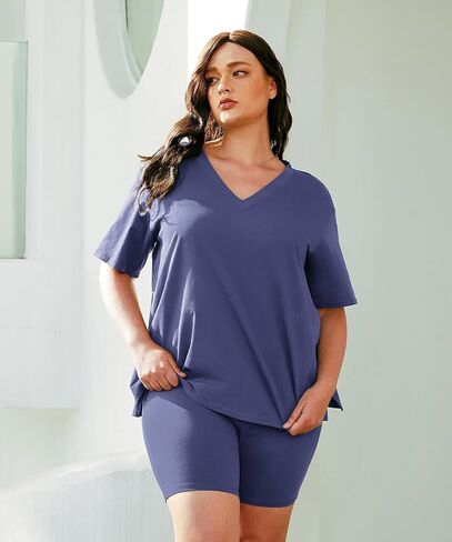 RITERA Plus Size 2 Piece Outfits For Women Shorts Sleeve Biker Shorts Summer Tracksuit V Neck Spilt Hem XL-5XL in Saudi Arabia