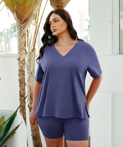 RITERA Plus Size 2 Piece Outfits For Women Shorts Sleeve Biker Shorts Summer Tracksuit V Neck Spilt Hem XL-5XL in Saudi Arabia