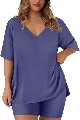 RITERA Plus Size 2 Piece Outfits For Women Shorts Sleeve Biker Shorts Summer Tracksuit V Neck Spilt Hem XL-5XL in Saudi Arabia