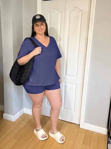 RITERA Plus Size 2 Piece Outfits For Women Shorts Sleeve Biker Shorts Summer Tracksuit V Neck Spilt Hem XL-5XL in Saudi Arabia