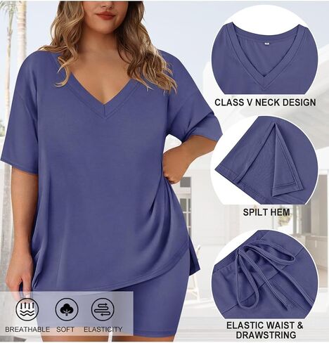 RITERA Plus Size 2 Piece Outfits For Women Shorts Sleeve Biker Shorts Summer Tracksuit V Neck Spilt Hem XL-5XL in Saudi Arabia