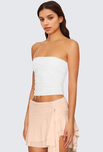 Satin Double Lined Tube Tops Ruched Strapless Camisoles Silky Summer Going Out Backless Shirts 2 Packs in Kuwait