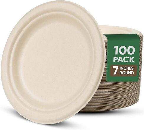 TaidMiao Paper Plates 9 Inches, 100 Pack Disposable Plates For Party – 100% Compostable Plates, Water & Oil Proof Paper Plates, Microwavable Paper Plates Bulk - Brown in Kuwait