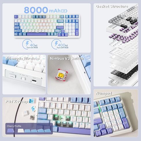 EPOMAKER x Aula F99 Wireless Mechanical Keyboard, Hot Swappable Gasket Custom Gaming Keyboard with Five-Layer Padding, Bluetooth/2.4GHz/USB-C, 8000mAh Battery (White Grey, Graywood V3 Switch) in Kuwait