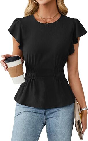 Blooming Jelly Women's Dressy Casual Blouses Business Ruffle Short Sleeve Tops Summer Crew Neck Smocked Shirts in Kuwait