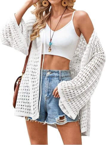 Angashion Women's Crochet Cardigan Sweaters Lightweight Knitted Long Batwing Sleeve Hollow Out Tie Front Boho Beach Cover Up in Saudi Arabia