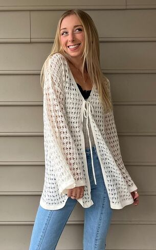 Angashion Women's Crochet Cardigan Sweaters Lightweight Knitted Long Batwing Sleeve Hollow Out Tie Front Boho Beach Cover Up in Saudi Arabia