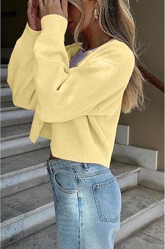 Womens Y2K Cardigan Sweaters Long Sleeve Open Front Button Down Crop Sweater Solid Knit Pullover Fall Outfits Tops in Saudi Arabia