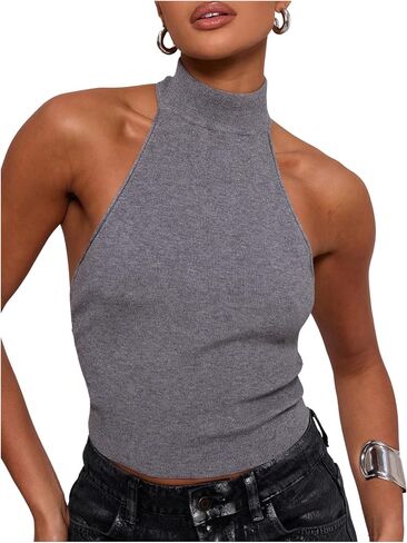 MakeMeChic Women's Mock Neck Sweater Halter Backless Rib Knit Fitted Crop Tops in Kuwait