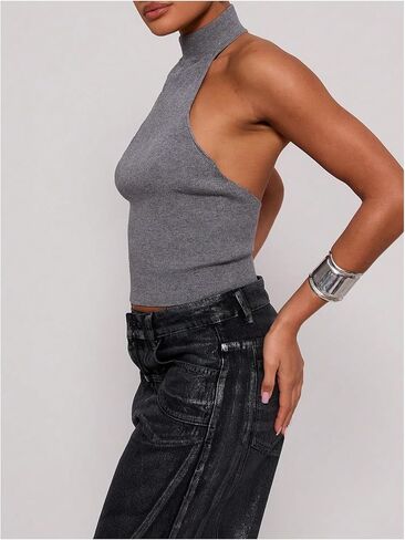 MakeMeChic Women's Mock Neck Sweater Halter Backless Rib Knit Fitted Crop Tops in Kuwait