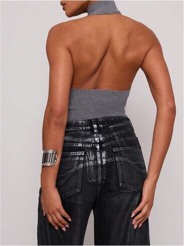 MakeMeChic Women's Mock Neck Sweater Halter Backless Rib Knit Fitted Crop Tops in Kuwait