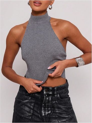 MakeMeChic Women's Mock Neck Sweater Halter Backless Rib Knit Fitted Crop Tops in Kuwait