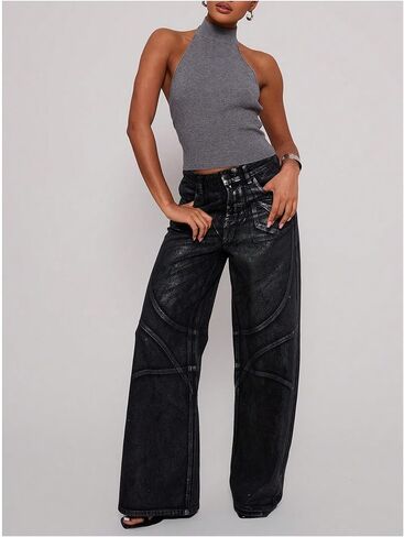 MakeMeChic Women's Mock Neck Sweater Halter Backless Rib Knit Fitted Crop Tops in Kuwait