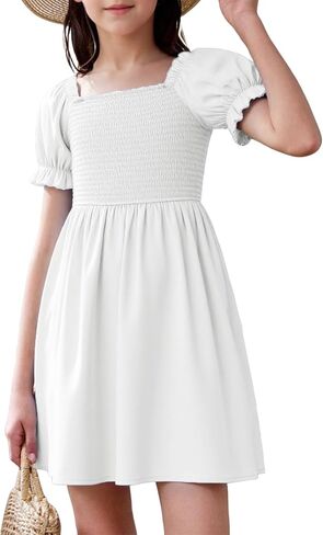 JiAmy Girls Summer Dress Ruffle Puff Sleeve Casual Dresses for Kids Square Neck Smocked Flowy Dress 5-14 Y in Saudi Arabia