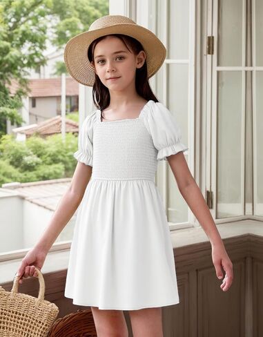 JiAmy Girls Summer Dress Ruffle Puff Sleeve Casual Dresses for Kids Square Neck Smocked Flowy Dress 5-14 Y in Saudi Arabia