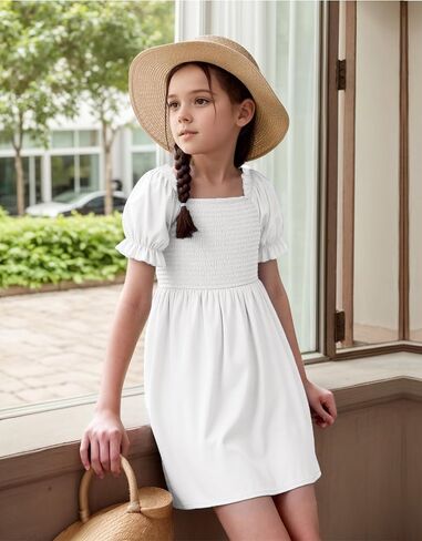 JiAmy Girls Summer Dress Ruffle Puff Sleeve Casual Dresses for Kids Square Neck Smocked Flowy Dress 5-14 Y in Saudi Arabia