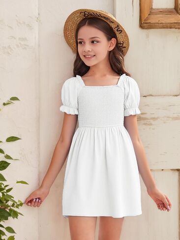 JiAmy Girls Summer Dress Ruffle Puff Sleeve Casual Dresses for Kids Square Neck Smocked Flowy Dress 5-14 Y in Saudi Arabia