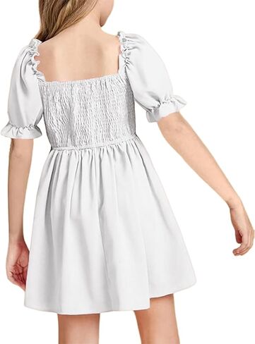 JiAmy Girls Summer Dress Ruffle Puff Sleeve Casual Dresses for Kids Square Neck Smocked Flowy Dress 5-14 Y in Saudi Arabia