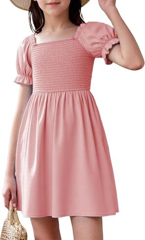 JiAmy Girls Summer Dress Ruffle Puff Sleeve Casual Dresses for Kids Square Neck Smocked Flowy Dress 5-14 Y in Kuwait