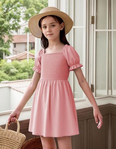 JiAmy Girls Summer Dress Ruffle Puff Sleeve Casual Dresses for Kids Square Neck Smocked Flowy Dress 5-14 Y in Kuwait