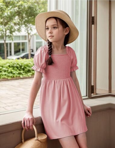 JiAmy Girls Summer Dress Ruffle Puff Sleeve Casual Dresses for Kids Square Neck Smocked Flowy Dress 5-14 Y in Kuwait