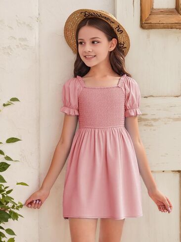 JiAmy Girls Summer Dress Ruffle Puff Sleeve Casual Dresses for Kids Square Neck Smocked Flowy Dress 5-14 Y in Kuwait