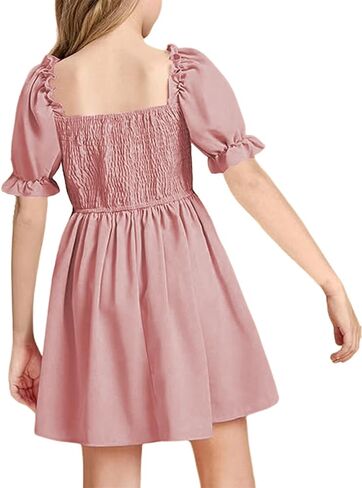 JiAmy Girls Summer Dress Ruffle Puff Sleeve Casual Dresses for Kids Square Neck Smocked Flowy Dress 5-14 Y in Kuwait