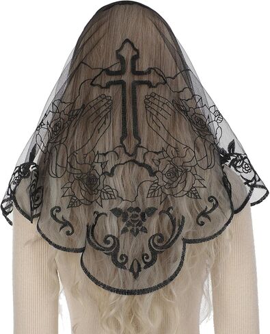 Bozidol Mantilla Veils for Church Catholic: Holy Cross Rose Veil for Women Mass Triangle Embroidery Lace Chapel Head Covering in Kuwait