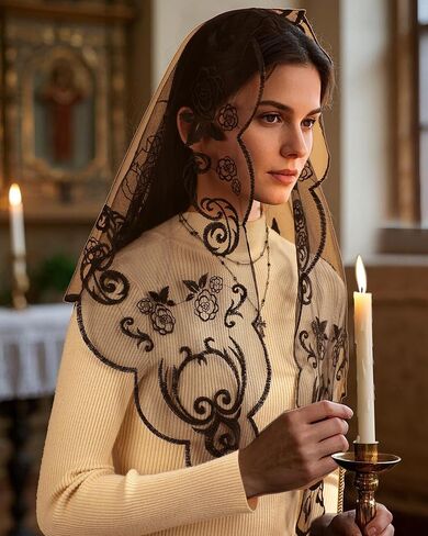 Bozidol Mantilla Veils for Church Catholic: Holy Cross Rose Veil for Women Mass Triangle Embroidery Lace Chapel Head Covering in Kuwait