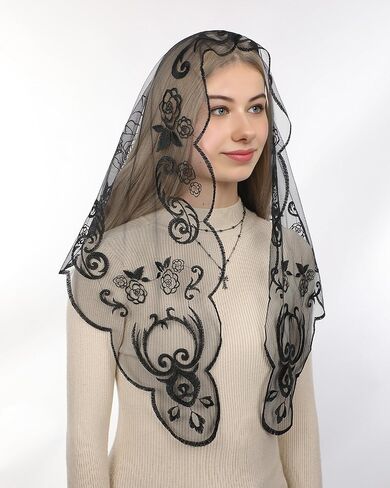 Bozidol Mantilla Veils for Church Catholic: Holy Cross Rose Veil for Women Mass Triangle Embroidery Lace Chapel Head Covering in Kuwait