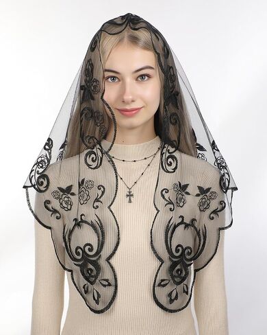 Bozidol Mantilla Veils for Church Catholic: Holy Cross Rose Veil for Women Mass Triangle Embroidery Lace Chapel Head Covering in Kuwait