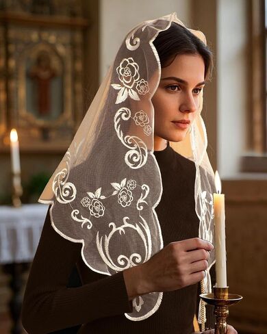Bozidol Mantilla Veils for Church Catholic: Holy Cross Rose Veil for Women Mass Triangle Embroidery Lace Chapel Head Covering in Kuwait