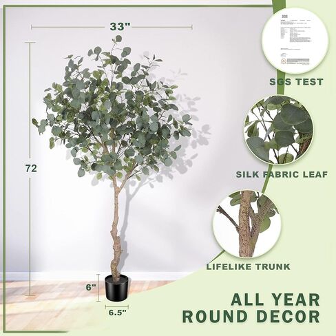 6ft Artificial Eucalyptus Tree in Plastic Nursery Pot, Tall Faux Eucalyptus Stems Fake Plants with 846 Silver Dollar Leaves, Artificial Trees for Office House Living Room Home Decor Indoor in Saudi Arabia