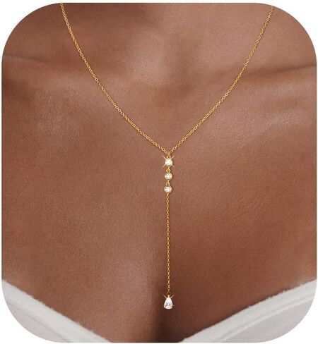 Lariat Necklaces for Women,Dainty Long Gold Necklaces 14K Gold Plated Lariat Necklace With CZ Y-Shaped Pendant Necklace Simple Non Tarnish Chain Layered Necklace Trendy Gold Jewelry for Women in Saudi Arabia