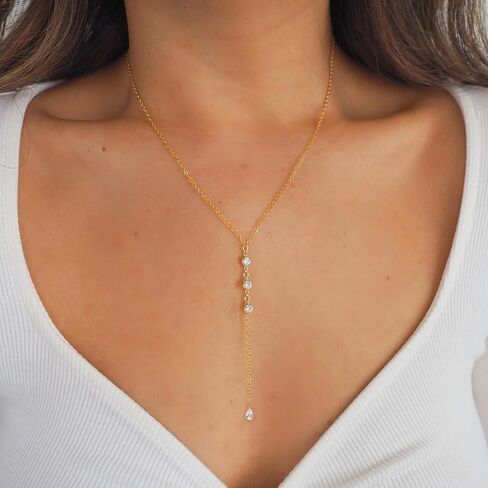 Lariat Necklaces for Women,Dainty Long Gold Necklaces 14K Gold Plated Lariat Necklace With CZ Y-Shaped Pendant Necklace Simple Non Tarnish Chain Layered Necklace Trendy Gold Jewelry for Women in Saudi Arabia