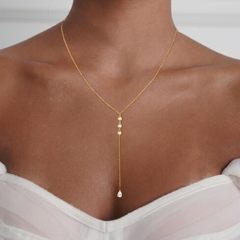 Lariat Necklaces for Women,Dainty Long Gold Necklaces 14K Gold Plated Lariat Necklace With CZ Y-Shaped Pendant Necklace Simple Non Tarnish Chain Layered Necklace Trendy Gold Jewelry for Women in Saudi Arabia