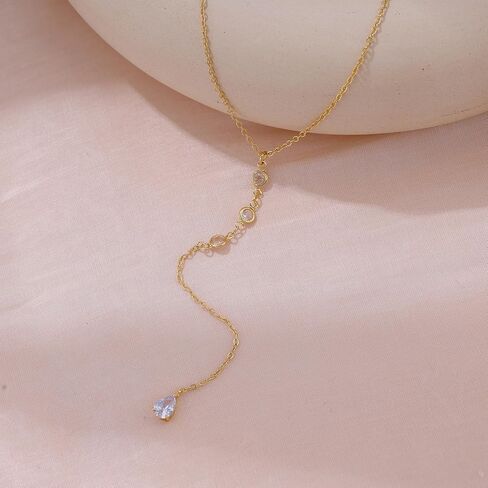 Lariat Necklaces for Women,Dainty Long Gold Necklaces 14K Gold Plated Lariat Necklace With CZ Y-Shaped Pendant Necklace Simple Non Tarnish Chain Layered Necklace Trendy Gold Jewelry for Women in Saudi Arabia