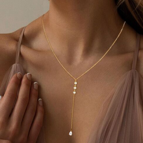 Lariat Necklaces for Women,Dainty Long Gold Necklaces 14K Gold Plated Lariat Necklace With CZ Y-Shaped Pendant Necklace Simple Non Tarnish Chain Layered Necklace Trendy Gold Jewelry for Women in Saudi Arabia