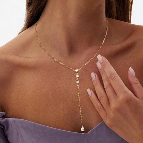 Lariat Necklaces for Women,Dainty Long Gold Necklaces 14K Gold Plated Lariat Necklace With CZ Y-Shaped Pendant Necklace Simple Non Tarnish Chain Layered Necklace Trendy Gold Jewelry for Women in Saudi Arabia