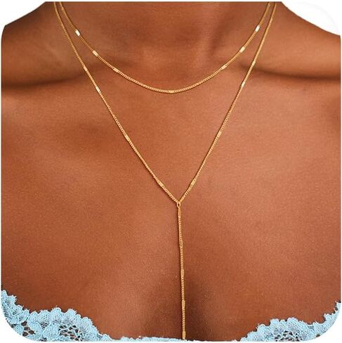 CAROVO Gold Necklace for Women Dainty Long Necklace 14K Gold/Silver Lariat Y-Shaped Pendant Necklaces Trendy Layered Lip Cubic Zirconia Beaded Chain Drop Necklaces Jewelry for Women Gifts in Kuwait